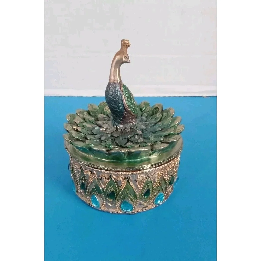 Vintage Style‎ Peacock Trinket Box Green Gold Filigree Rhinestone Jewelry Case